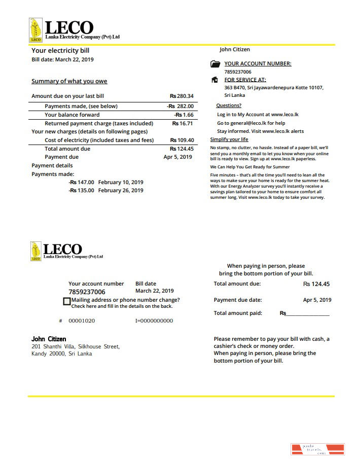 Sri Lanka LECO Company electricity utility bill template in Word and PDF format